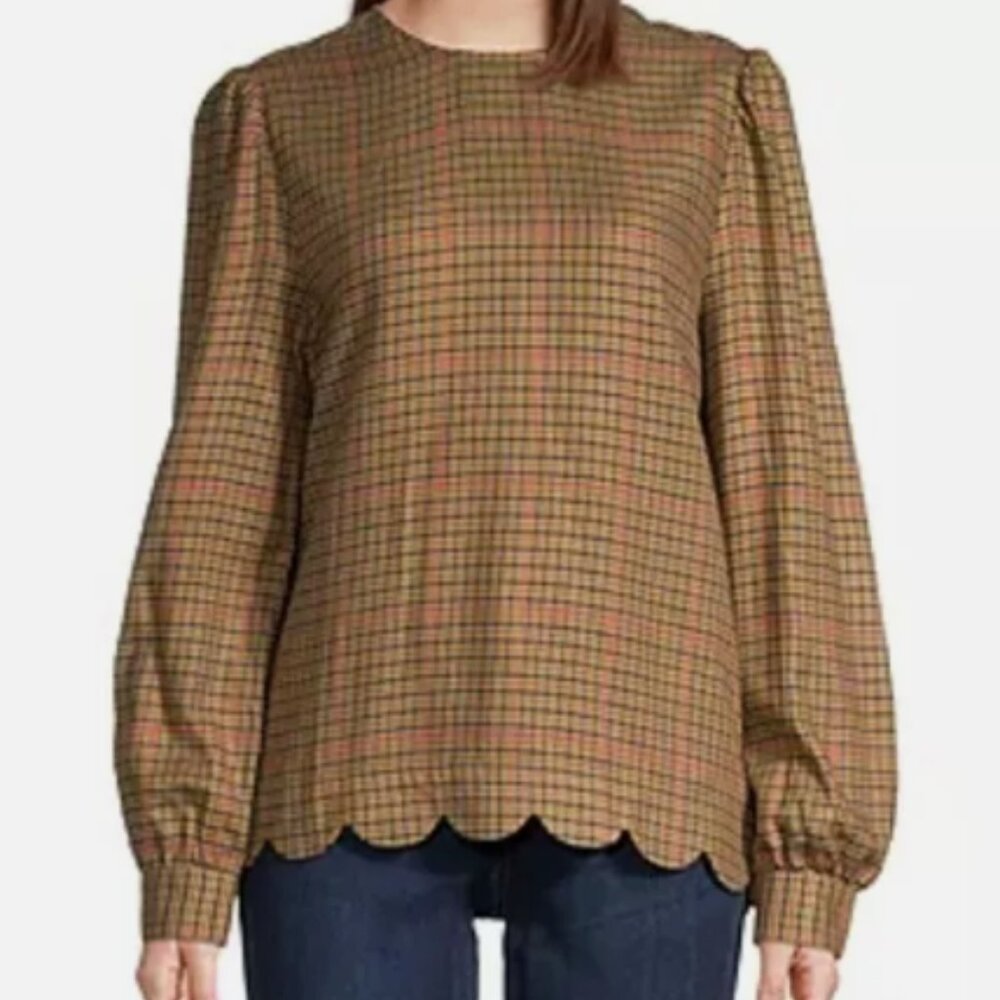 St. John’s Bay Houndstooth Blouse Size XS – Scalloped Hem, Long Sleeve